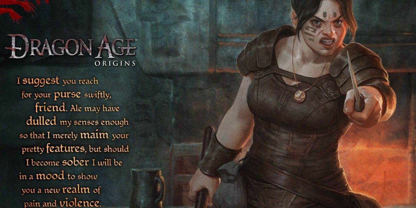 A Dwarf commoner guards her ale in Dragon Age: Origins