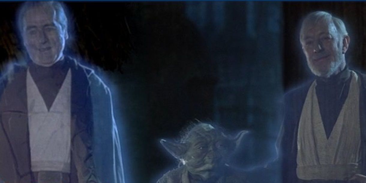 Anakin, Yoda, and Obi-Wan's Force ghosts in the original cut of Return of the Jedi