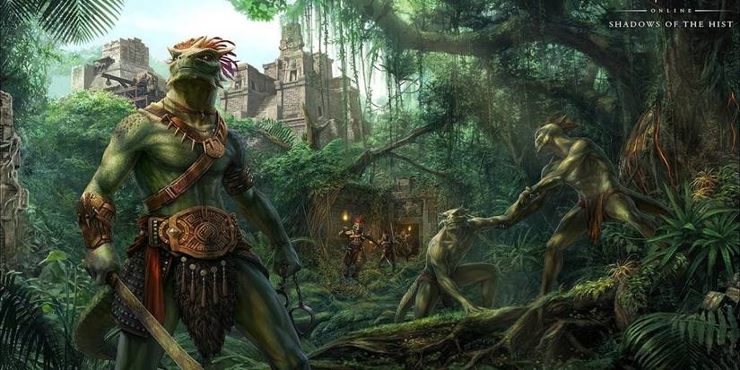 Elder Scrolls Argonian Ancient Civilization Three Argonians in the Jungle A Xamneer Pyramid in the Background Daytime