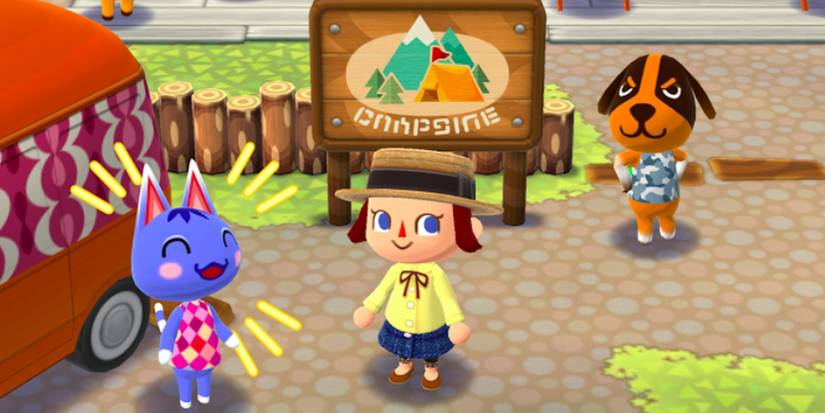 Rosie, a player character, and Butch in front of the campsite in Animal Crossing Pocket Camp