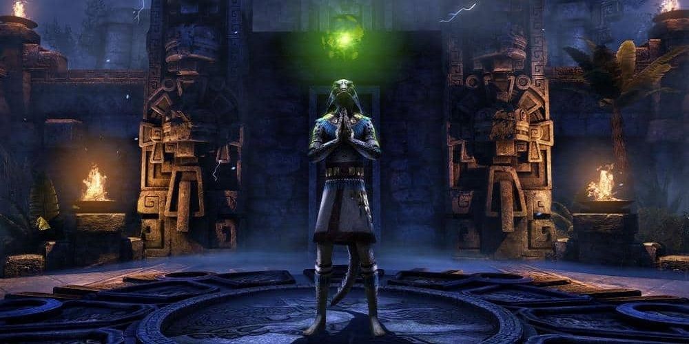 Elder Scrolls An Argonian Conducting a Ritual with a Green Light in A Brazier Lit Round Stone Chamber