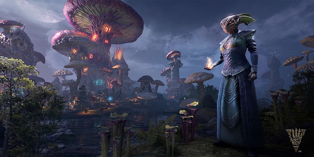 Elder Scrolls Argonian Slave Holding Flames Mushroom Towers of Morrowind in the Background Nightime with Full Moonlight