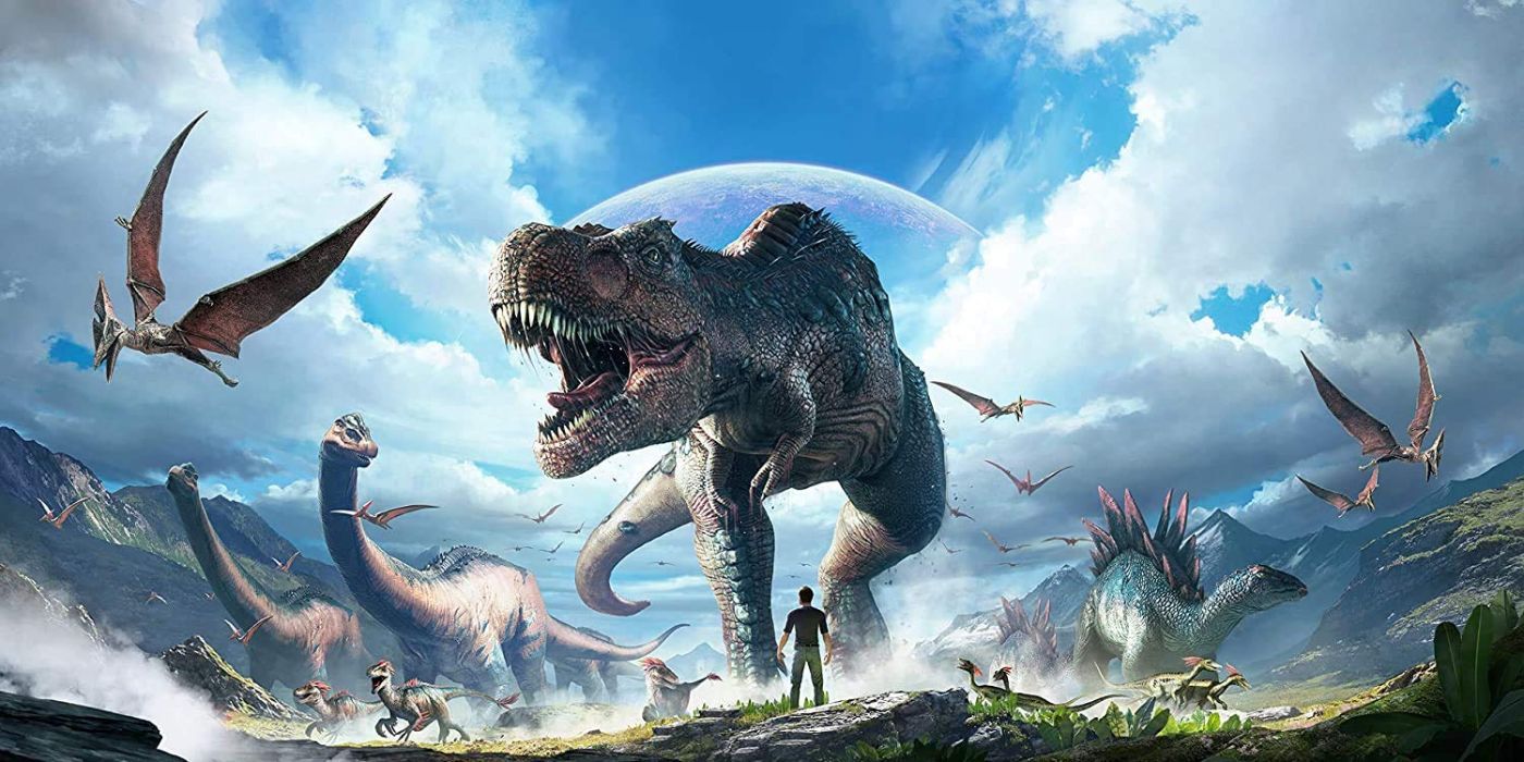 Плакат Ark Survival Evolved с динозаврами и летающими врагами