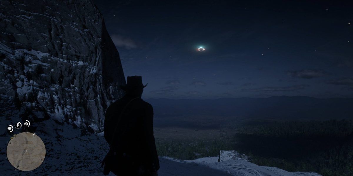 Arthur Morgan on mountain looking at UFO over forest in Red Dead Redemption 2