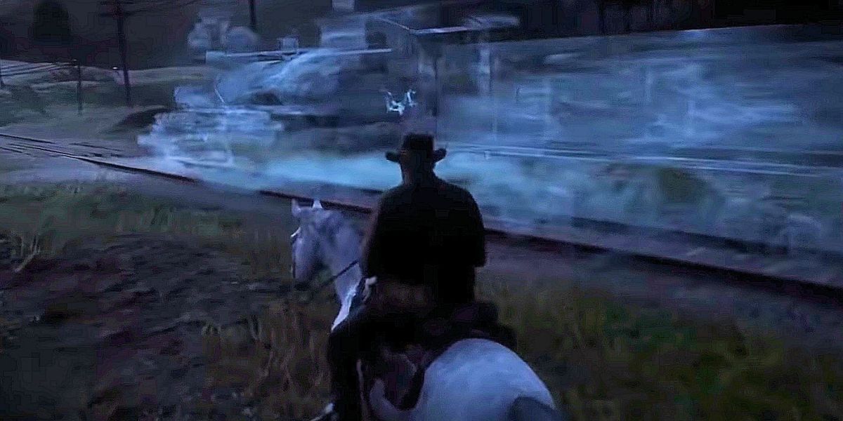Arthur Morgan on horseback with ghost train in Red Dead Redemption 2