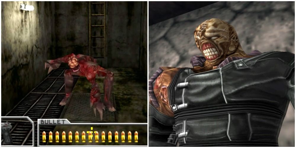 Two space collage with a Licker from Resident Evil 2 pictured on the left. To the right is a cutscene with Nemesis's appearance in RE: Survivor 2.