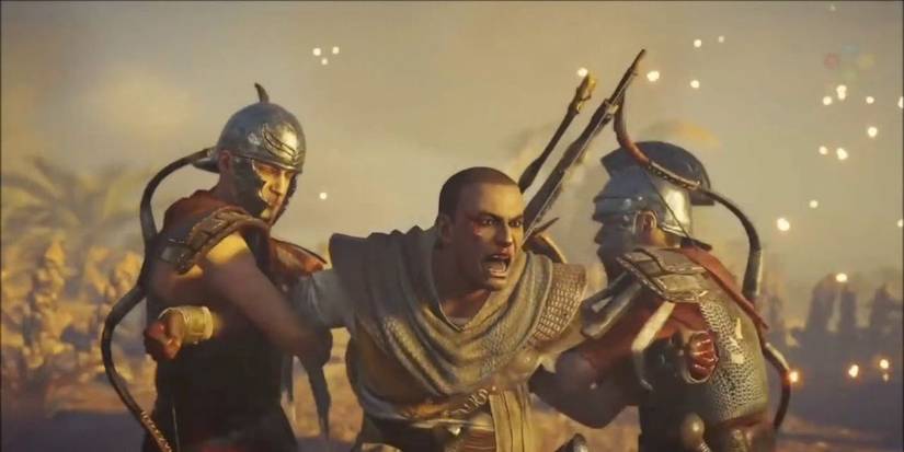 Asassin's Creed Origins Bayek Held Back By Two Soldiers