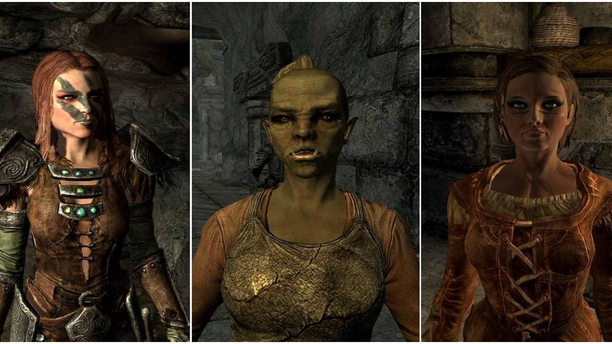 Left Aela the Hunteress in the Underforge Center Ogra in Center Frame Staring at Camera in Markarth Right Muiri the Apothecary at the Hag's Cure Markarth