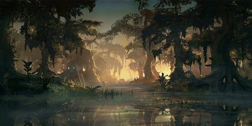 Elder Scrolls Black Marsh Hazy Swampland with Large Trees Dusk Stone Building in Background Water in Foreground