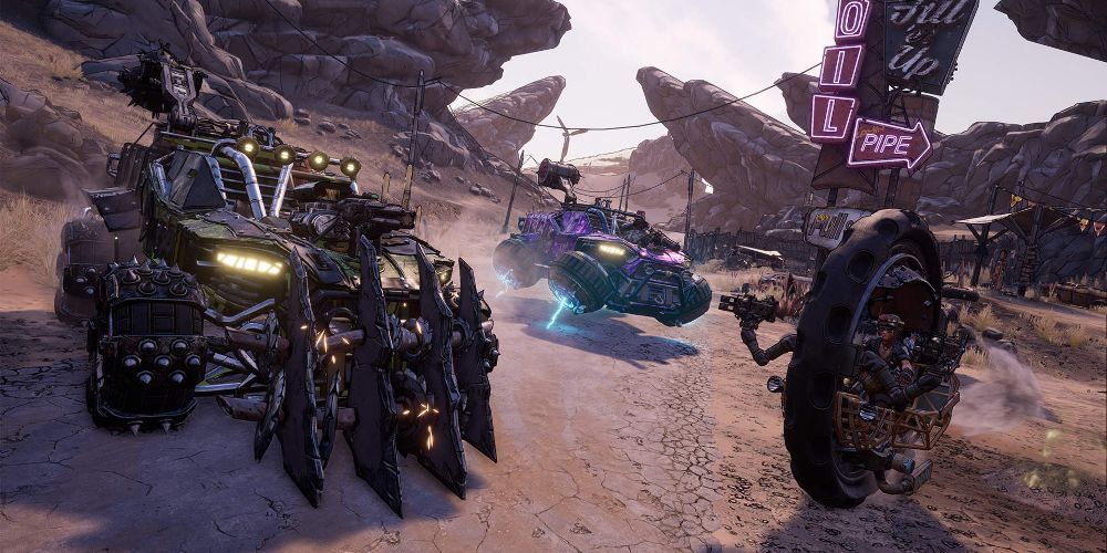 Borderlands 3 Vehicles zipping through desert canyon