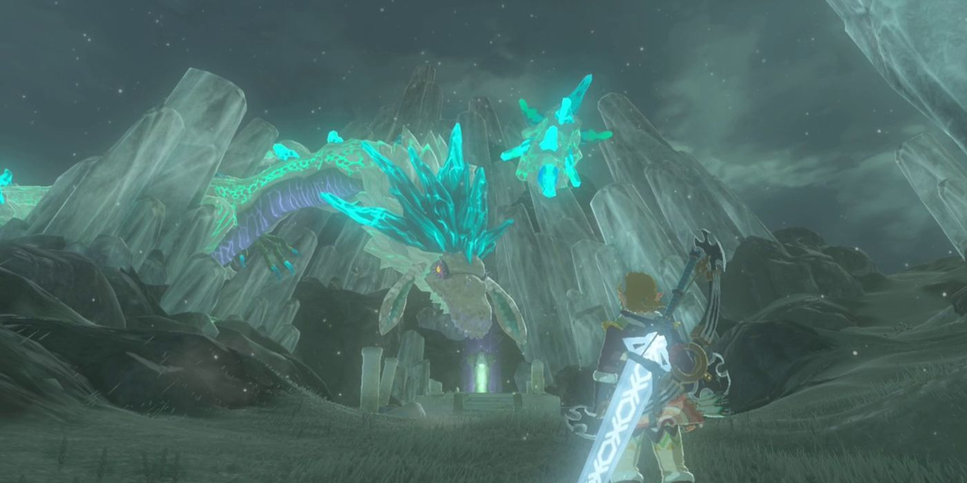 Legend of Zelda Breath of the Wild Mount Lanayru Link facing White and Blue Dragon