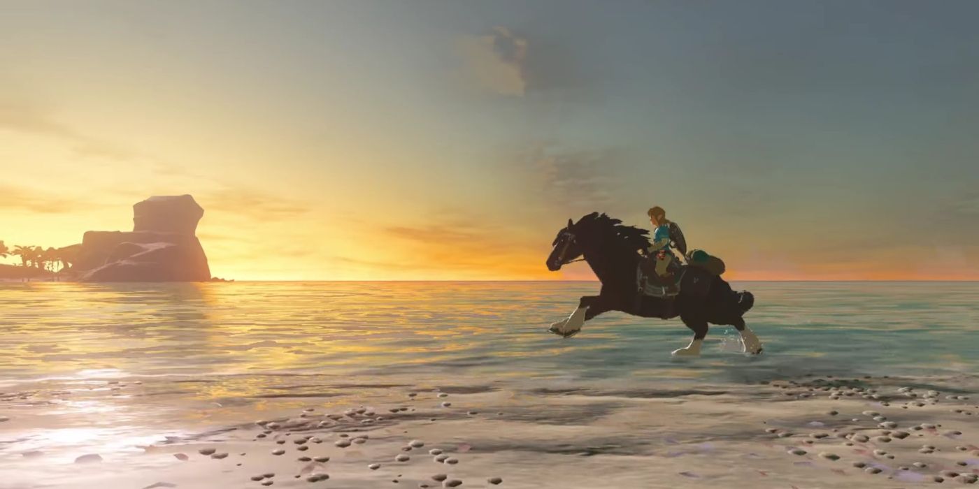 Legend of Zelda Breath of the Wild Link Riding Horse on the Beach at Sunset