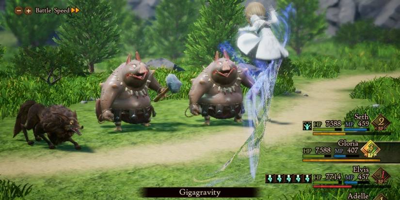 Gloria using Gigagravity to jump on some orcs and a wolf in Bravely Default 2