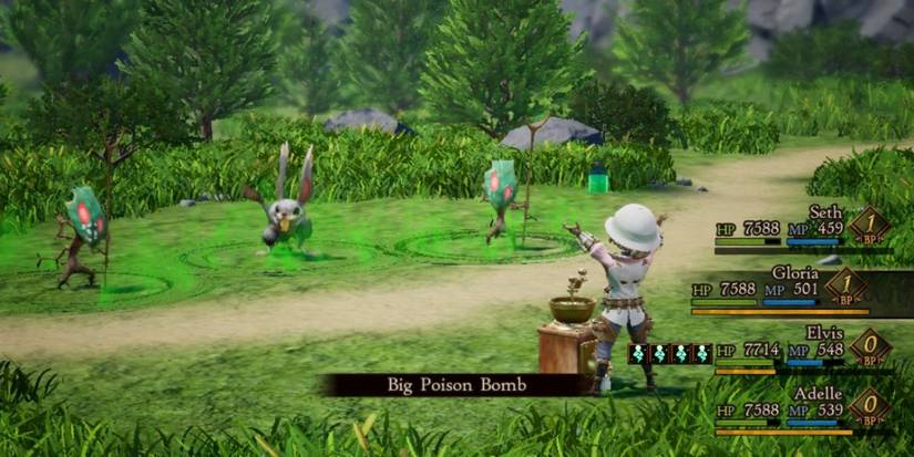 Gloria using Big Poison Bomb as a Salve-Maker in Bravely Default 2
