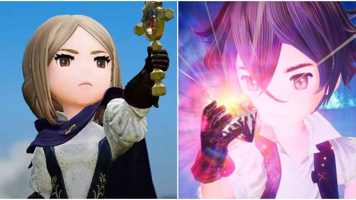 Gloria holding up a sword and Seth holding an asterisk crystal in Bravely Default 2