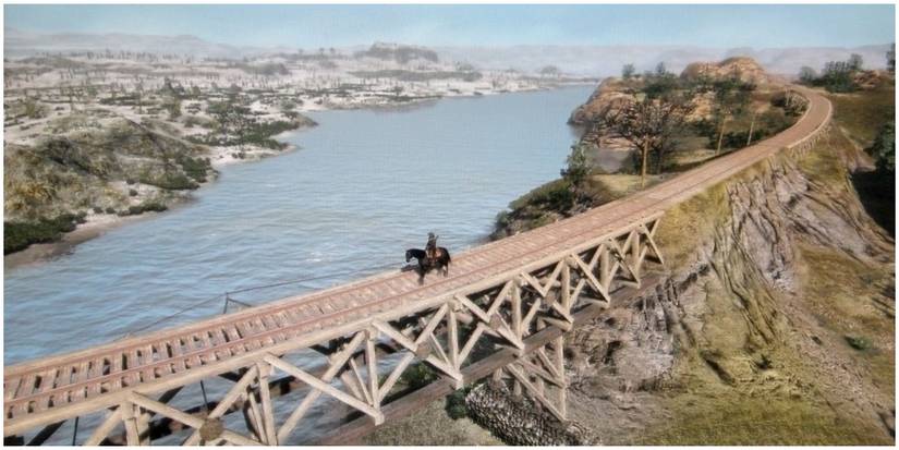 The player riding across the train bridge into Mexico