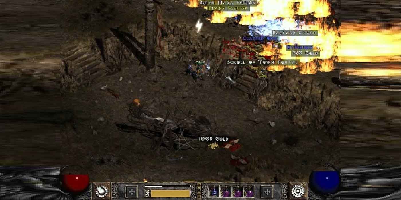 Picking up loot near a catapult in Diablo 2.