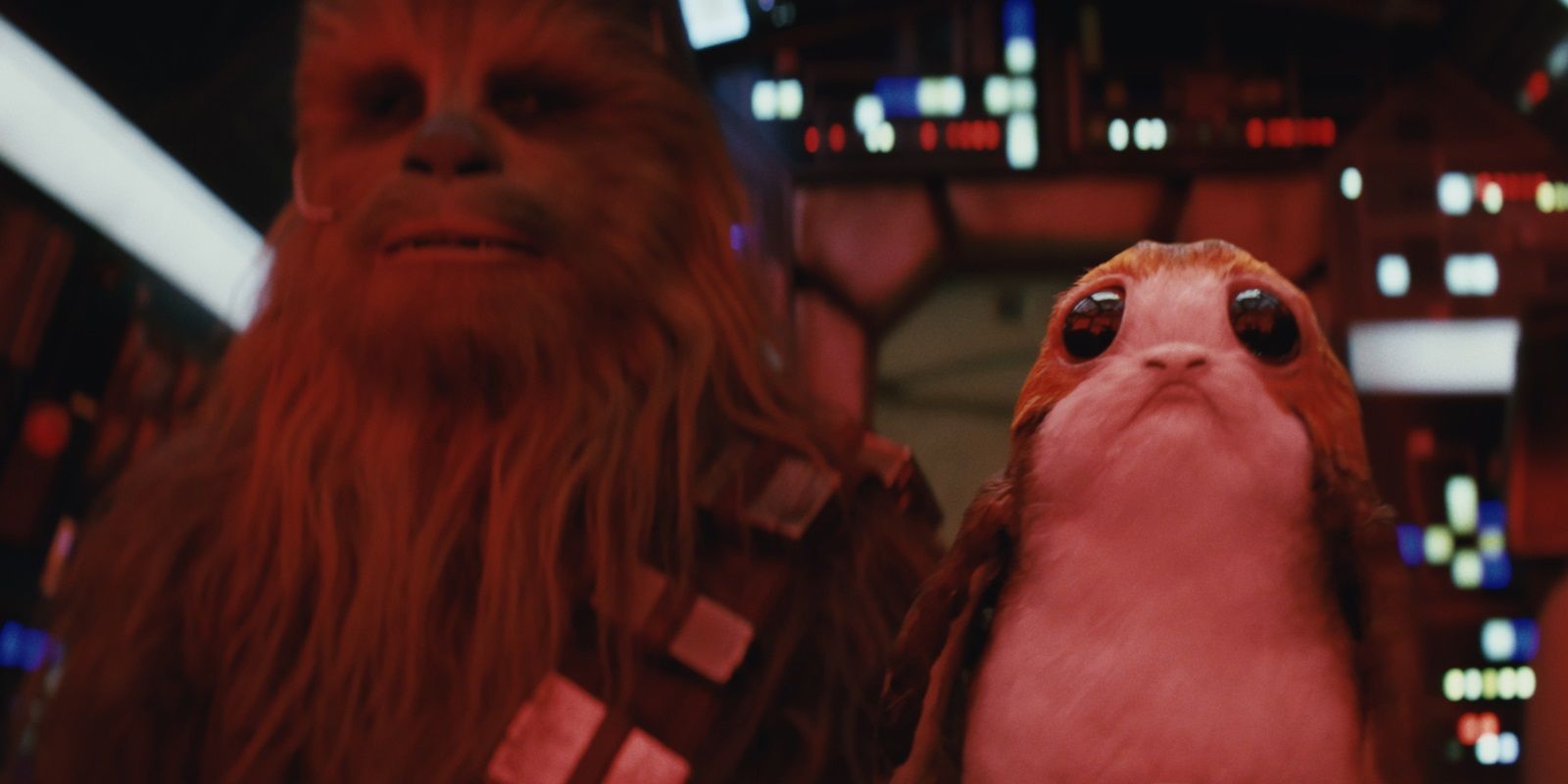 Chewbacca and a Porg on the Millennium Falcon in Star Wars The Last Jedi