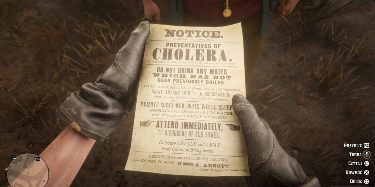 John Marston looking at the cholera pamphlet in Red Dead Redemption 2