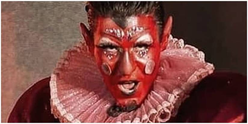 A closeup of the face of a HIM cosplay