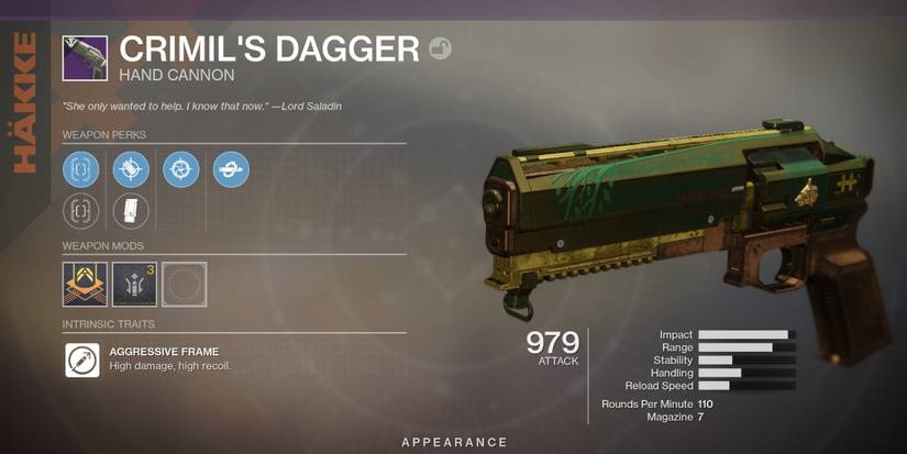 Destiny 2 Crimils Dagger Hand Cannon