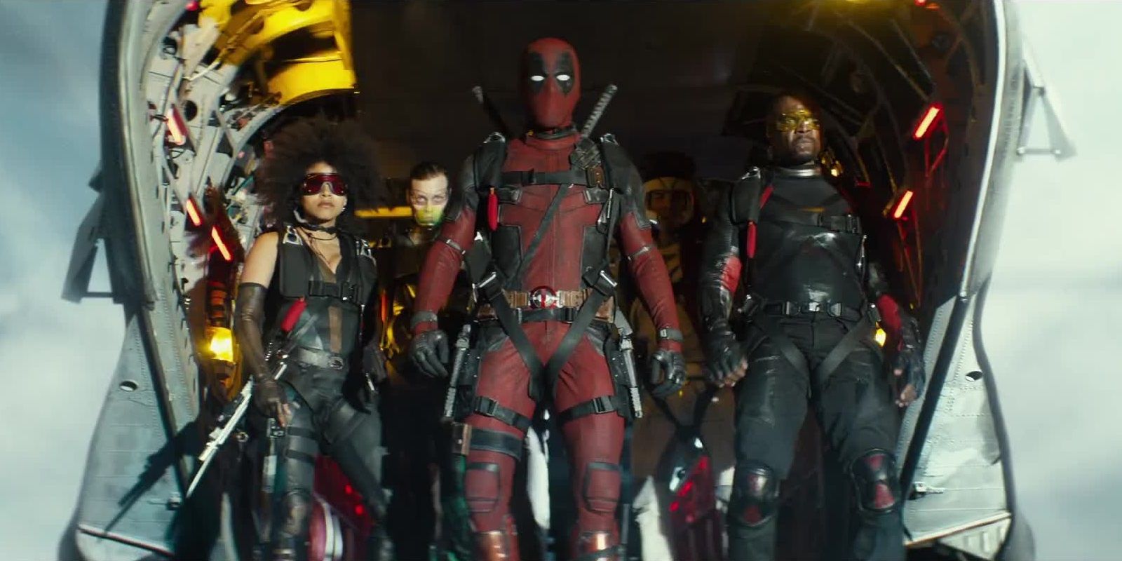 Deadpool and the X-Force jump out of the plane in Deadpool 2