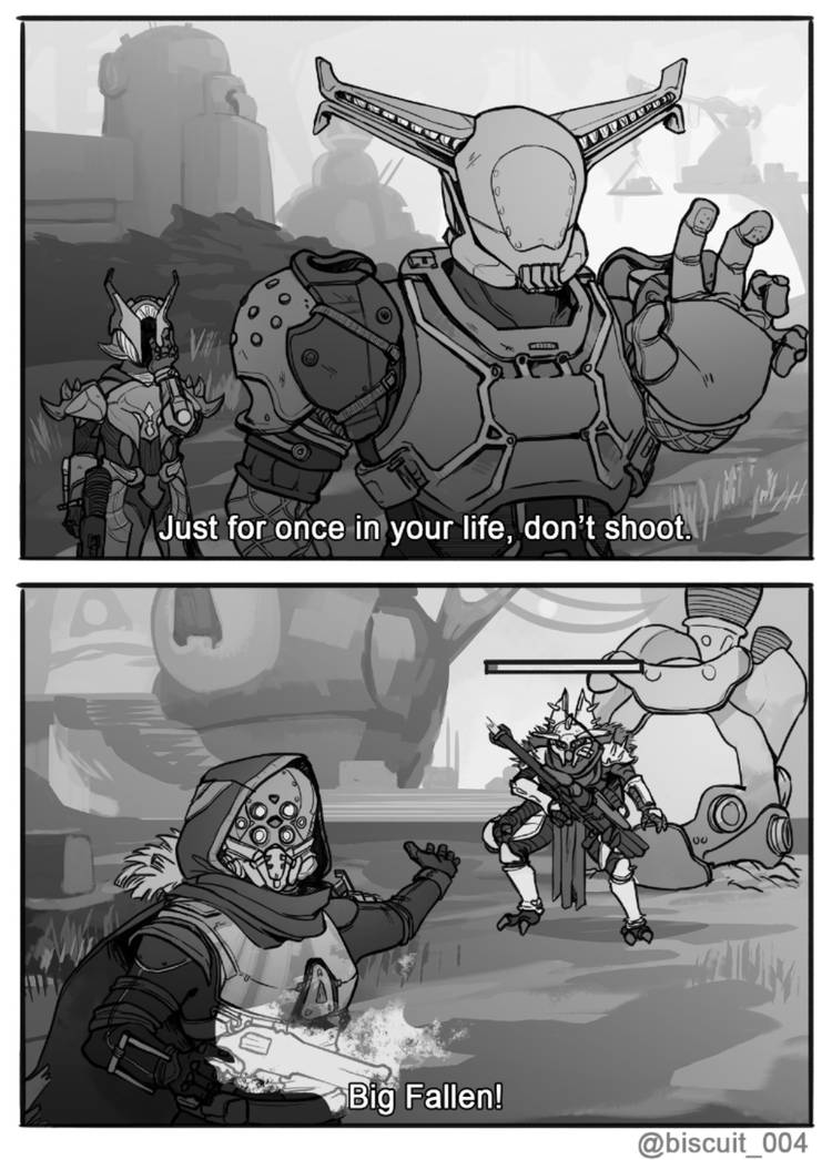 The Titan of Destiny 2 acting as a father figure to a Hunter while imitating a scene from Thor: Ragnarok