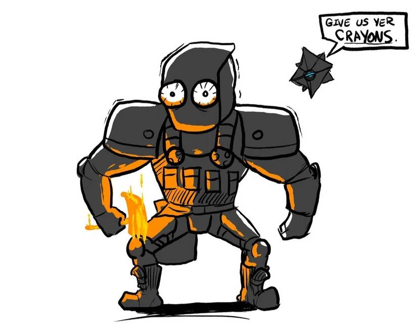 Art of a Destiny 2 Titan and their ghost asking for crayons