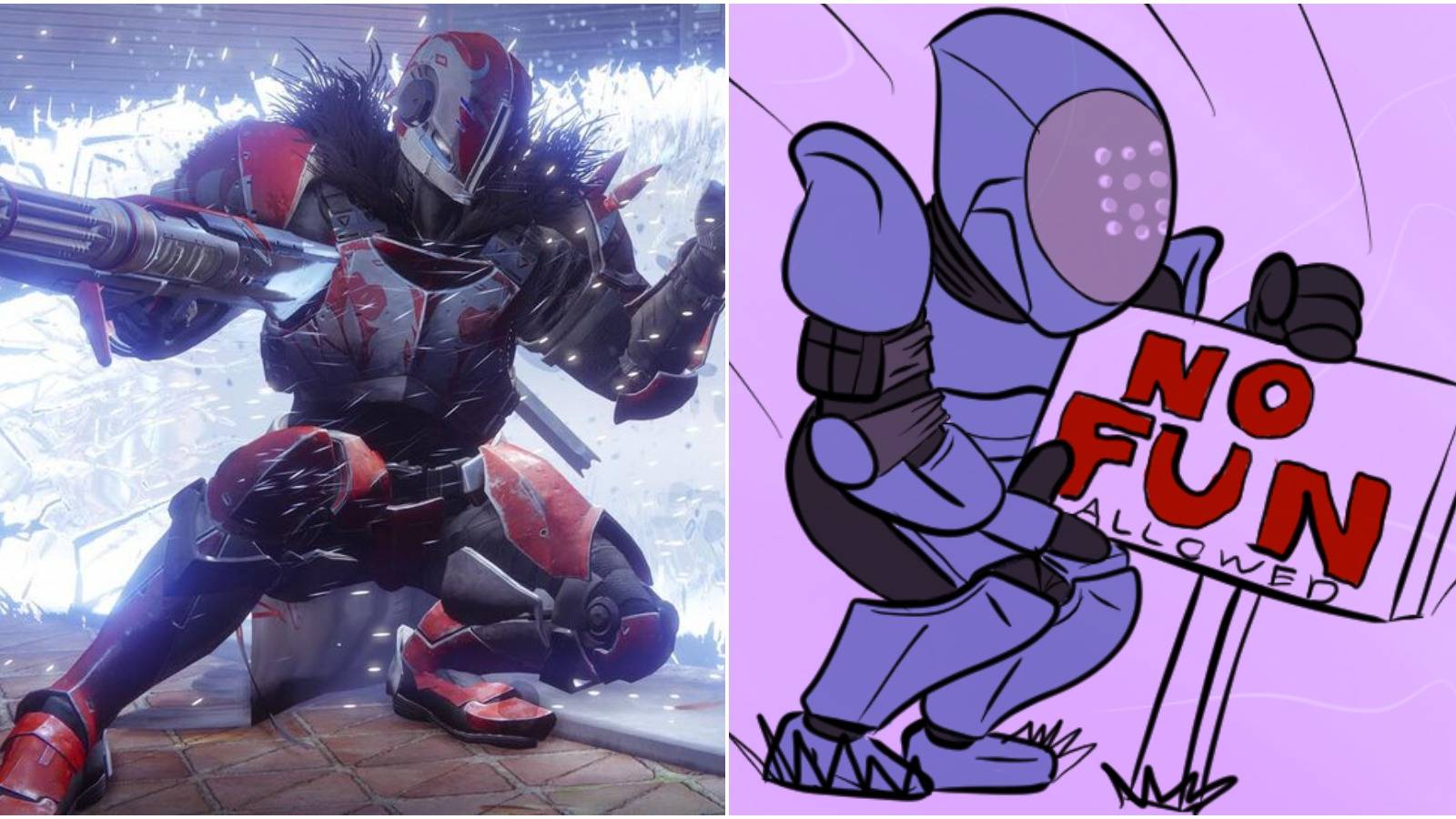 An actual Titan from destiny making a shield while a bubble shielding cartoon Titan puts up a No Fun sign