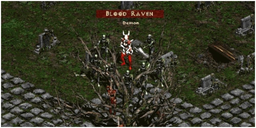 Diablo 2 The Blood Raven Behind A Tree Of Lynched Rogues