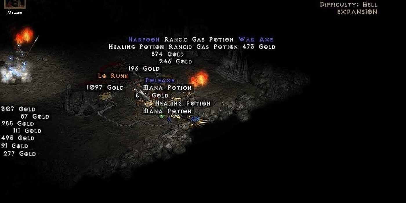 Example of loot from higher difficulty levels in Diablo 2.