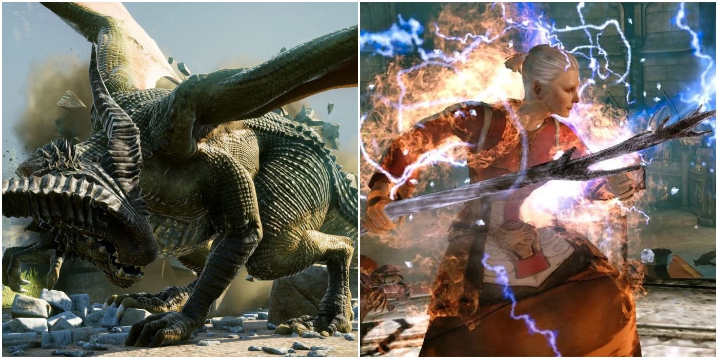 A dragon in Dragon Age: Inquisition and Wynne in Dragon Age: Origins