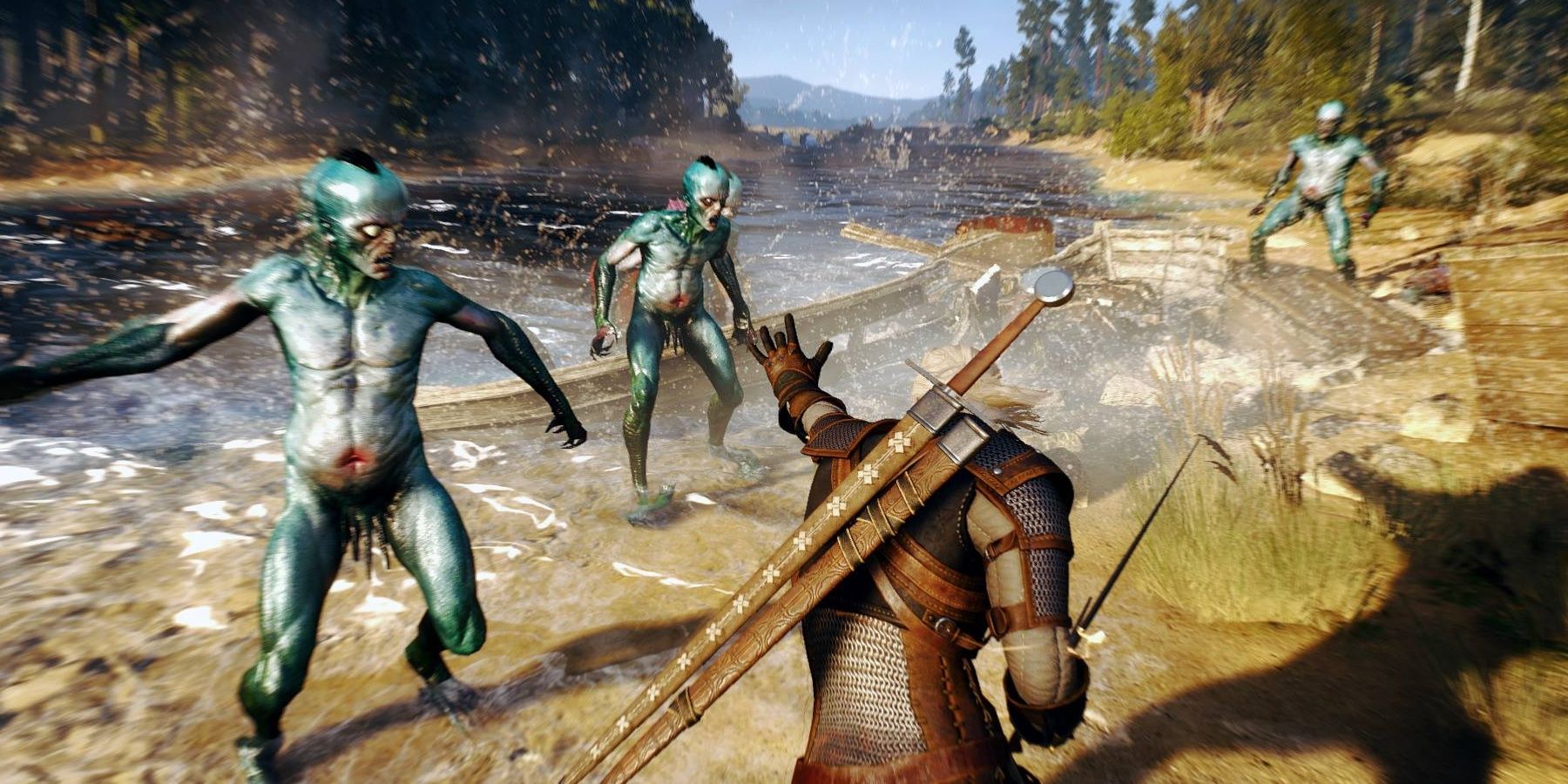 Geralt Fighting A Pack Of Drowners From The Witcher 3