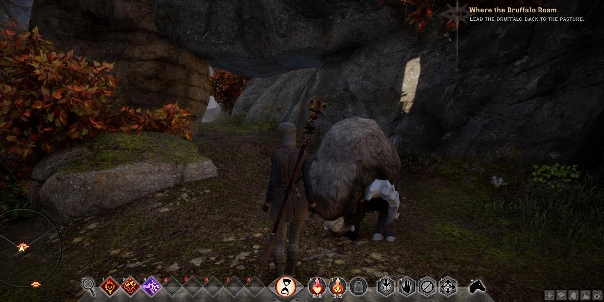 The Inquisitor guides the druffalo in Dragon Age: Inquisition