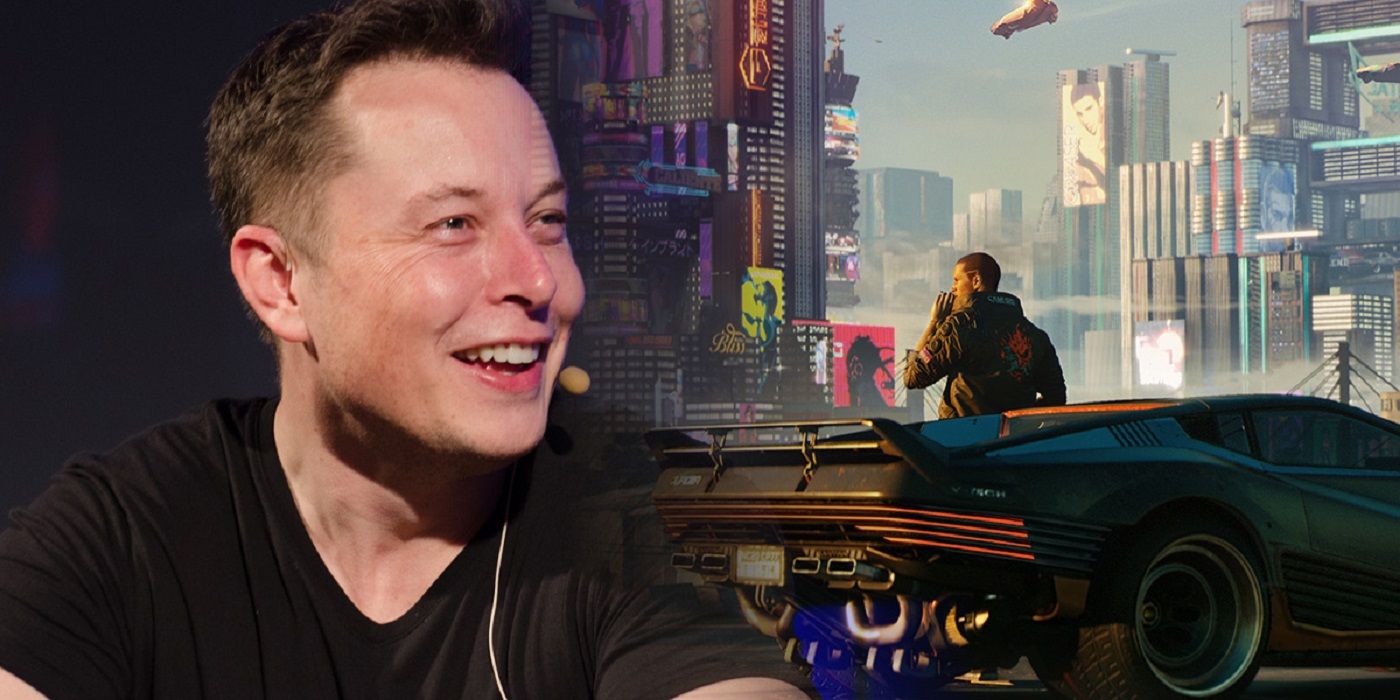 Elon Musk smirking in front of Cyberpunk 2077