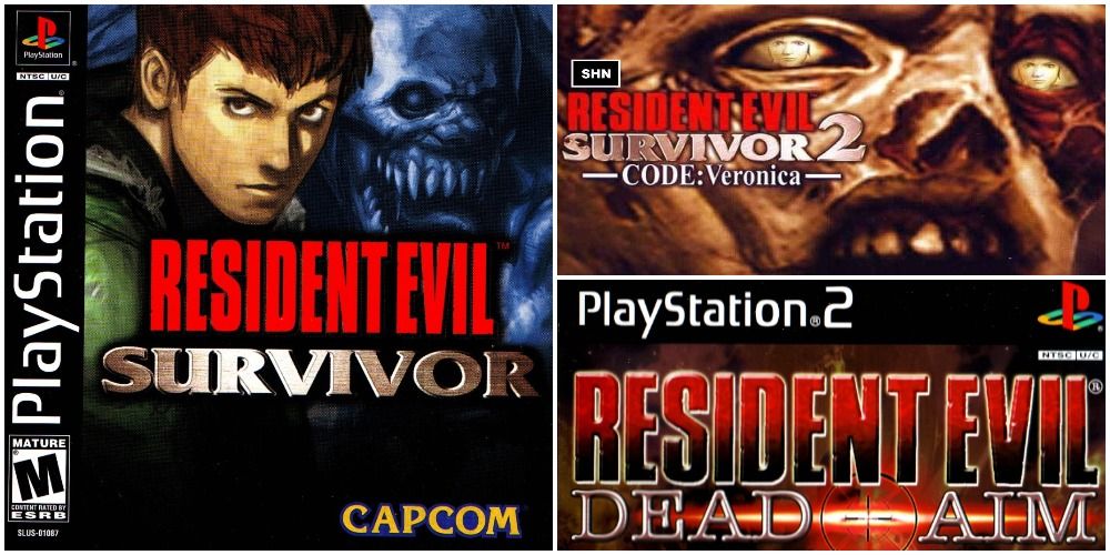 Three space photo collage of Resident Evil Survivor taking up most of the space on a verticle block on the left. On the right in to horizontal rectangular spaces are the covers of its sequels, Survivor 2: Code: Veronica and Dead Aim.