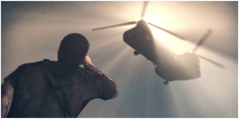 Woods being rescued by a helicopter after escaping