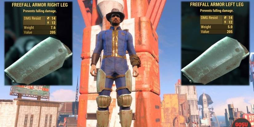 The player character from Fallout 4 outside the Mass Fusion building wearing the Freefall Legs