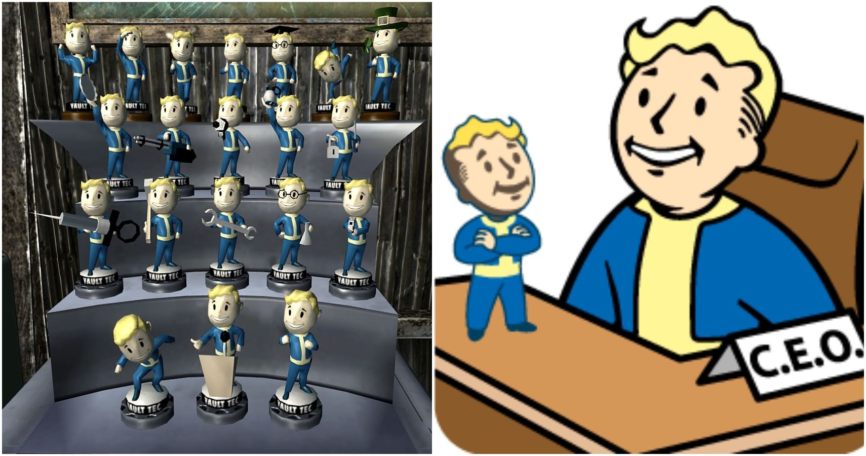 A set of bobbleheads in their stand and the achievement icon for getting them all