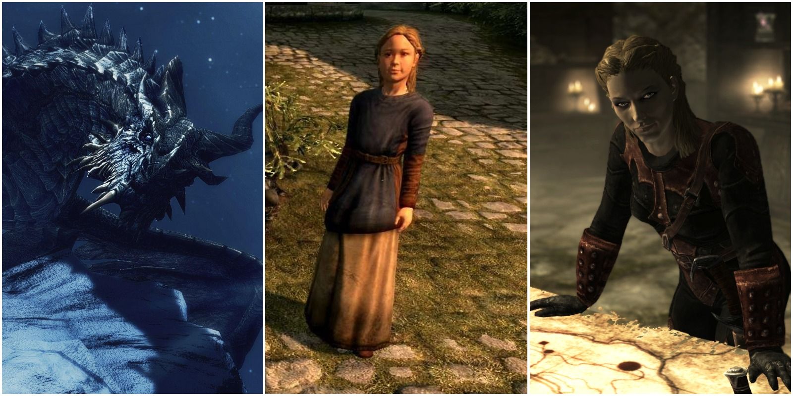 Paarthunax, a child, and Astrid in Skyrim