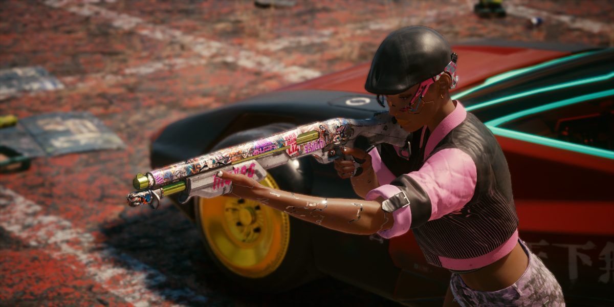 Female V wielding a M2038 Tactician near a car in Cyberpunk 2077