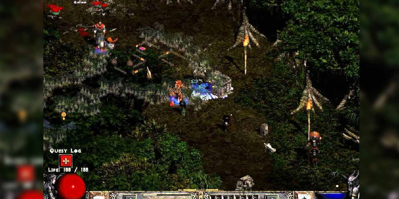 Fighting Fetishes in the jungle in Diablo 2.