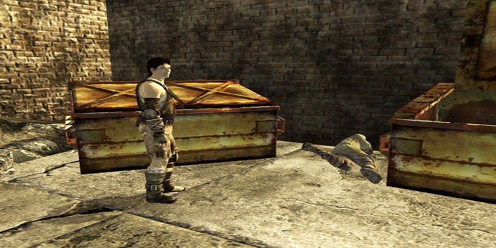 Fallout New Vegas Flogging a Dead Corpse Man in Alleyway Freeside Showing Dead Body Between Dumpsters