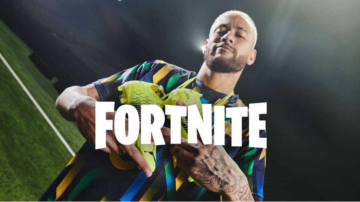 Neymar Jr holding the peace sign in front of Fortnite logo