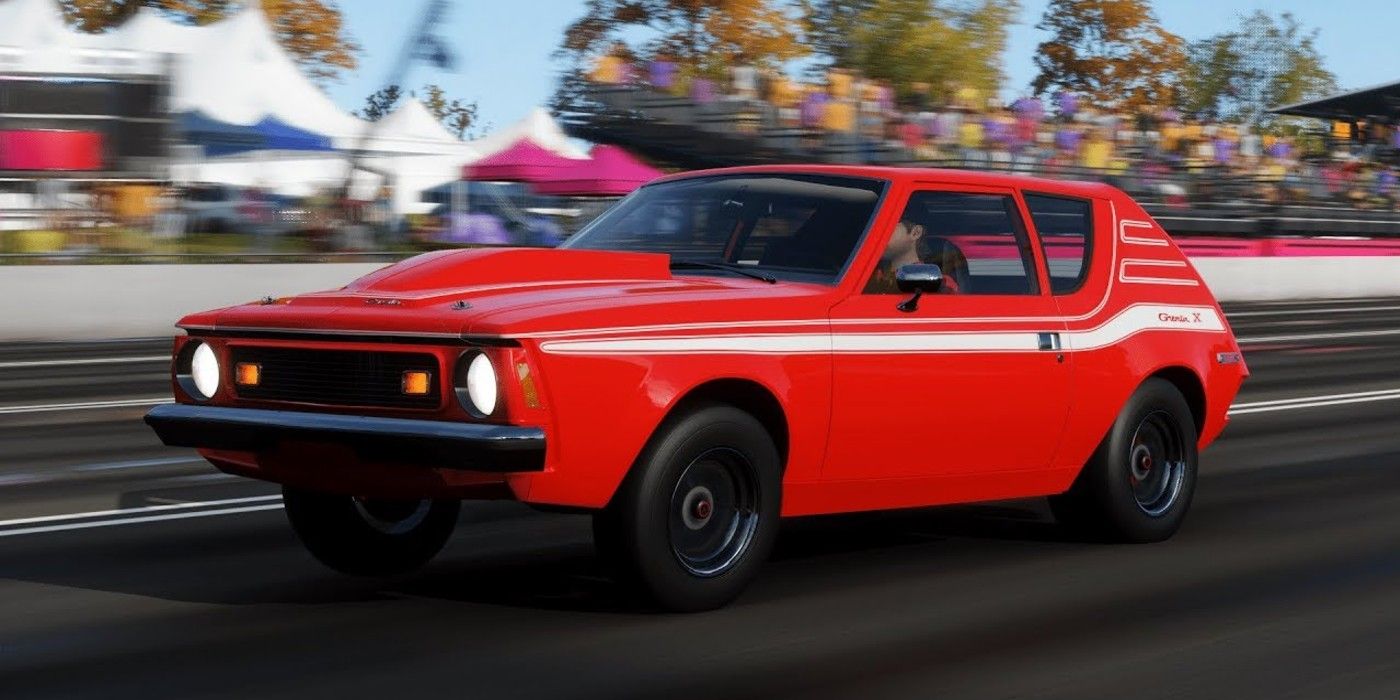 Forza Horizon 4 AMC Gremlin X zipping through race track side view