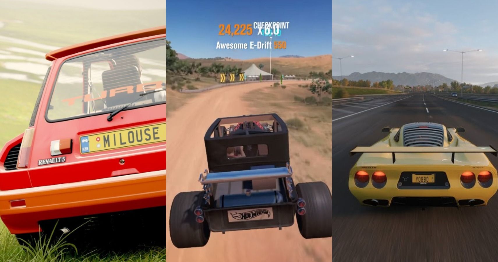 Forza Horizon 4 Best Cars for Forzathon Live Featured split image Bone Shaker, Renault, and Mosler MT900s