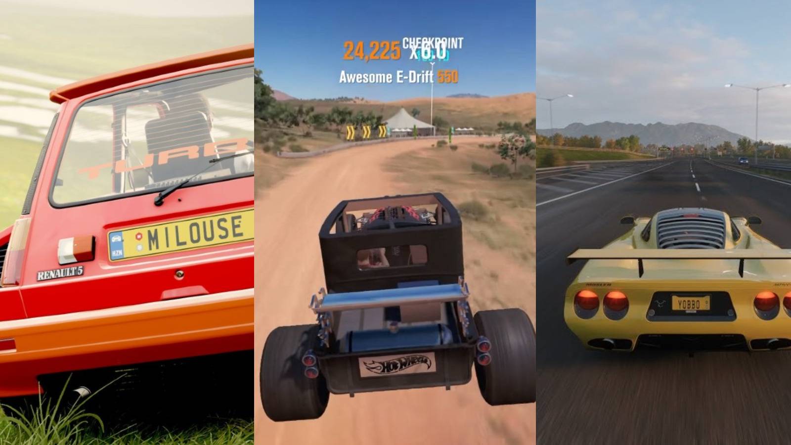 Forza Horizon 4 Best Cars for Forzathon Live Featured split image Bone Shaker, Renault, and Mosler MT900s