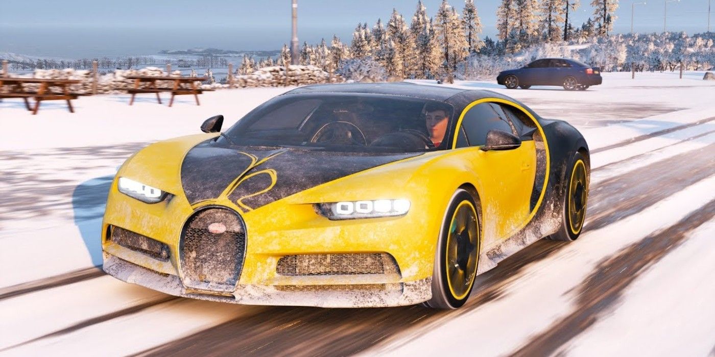 Forza Horizon 4 Bugatti Chiron driving on snowy road