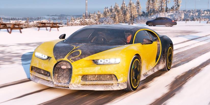 Forza Horizon 4 Bugatti Chiron driving on snowy road
