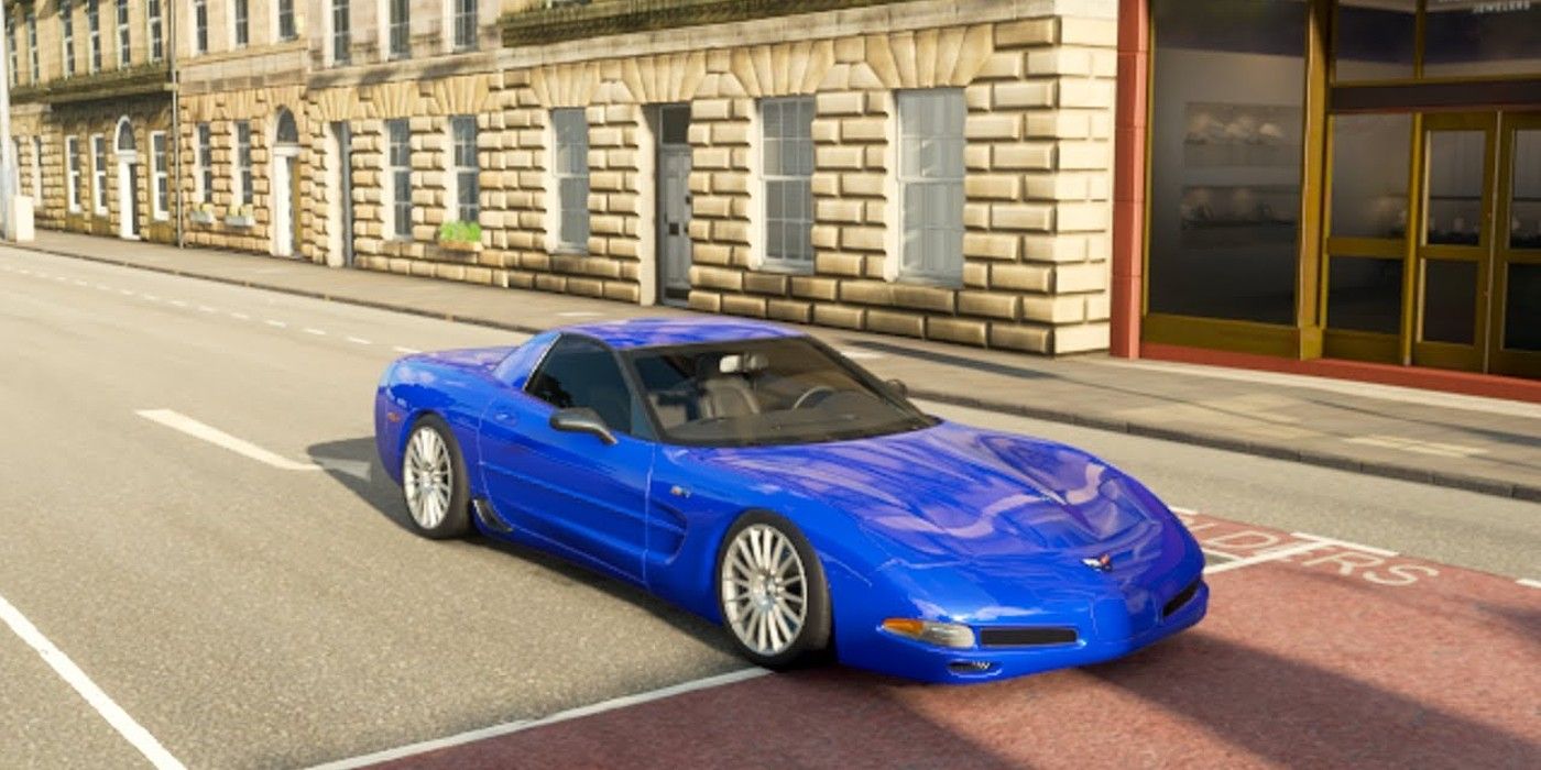 Forza Horizon 4 Chevy Corvette Z06 stopped at street buildings